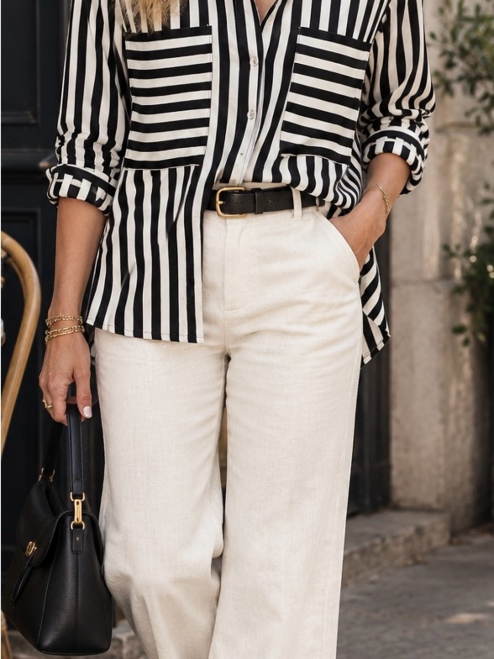 Fall Transitional Sans Souci Vertical Striped Long Sleeve Button-Down Blouse